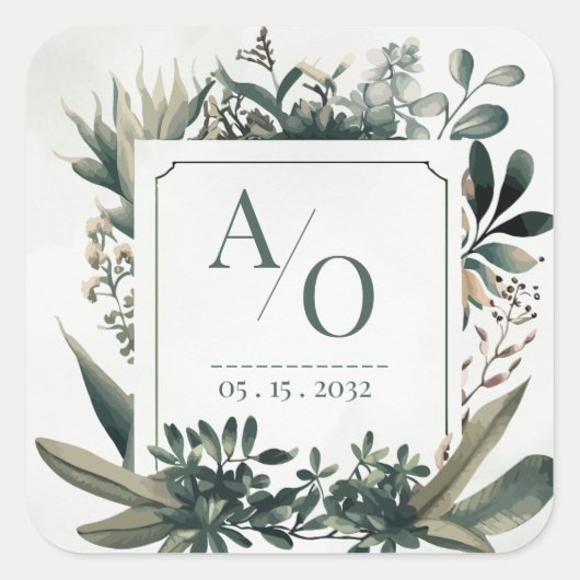 Botanical Greenery Wedding Monogram  Quadratischer Aufkleber (Vorderseite)