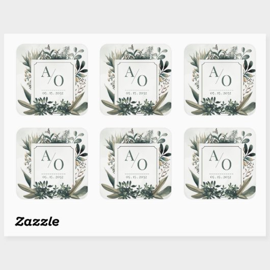 Botanical Greenery Wedding Monogram  Quadratischer Aufkleber (Blatt)