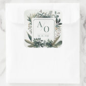 Botanical Greenery Wedding Monogram  Quadratischer Aufkleber (Tasche)