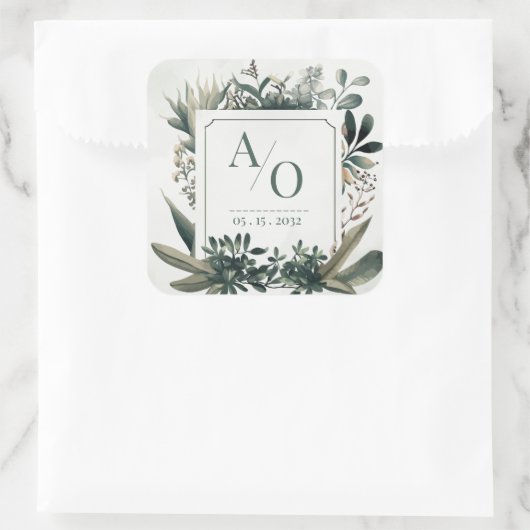 Botanical Greenery Wedding Monogram  Quadratischer Aufkleber (Tasche)