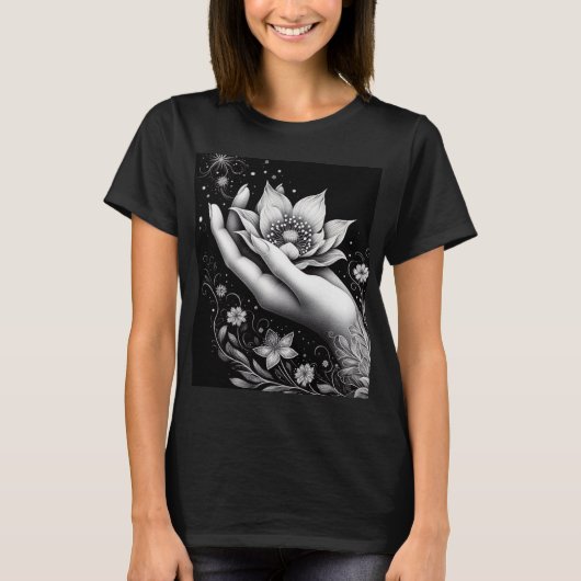 Botanical Hand Etching with Falling Petals Canvas T-Shirt (Vorderseite)