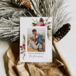Botanical Happy Holidays Photo Personalized Holida Feiertagskarte<br><div class="desc">Elegant Happy Holidays Red Floral Photo Greeting Card. Click personalize to edit and add your photo. Cava Party Design</div>