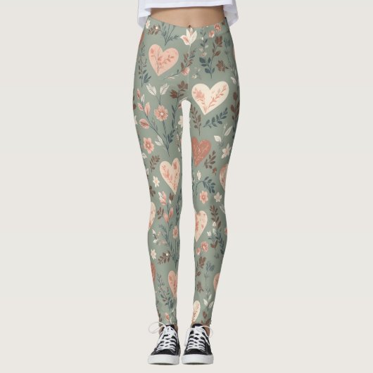 Botanical Hearts Romantic Floral Seamless Pattern  Leggings (Vorderseite)