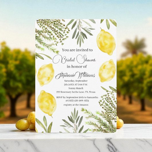 Botanical Herbs Lemons Watercolor Bridal Shower  Einladung