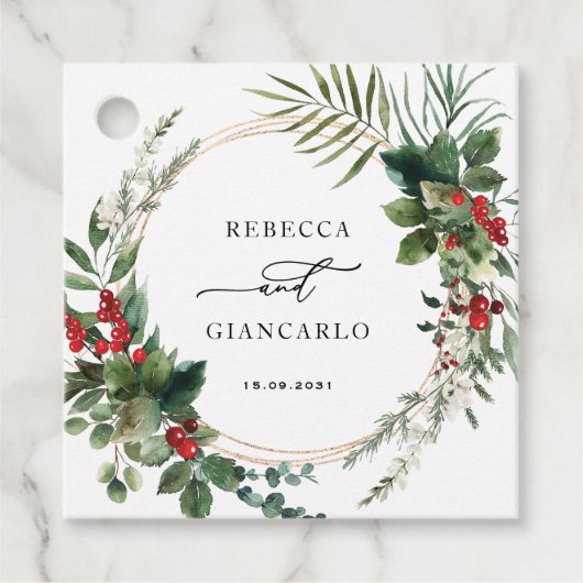 Botanical Holiday Greenery Red Berries Wedding Geschenkanhänger (Vorderseite)