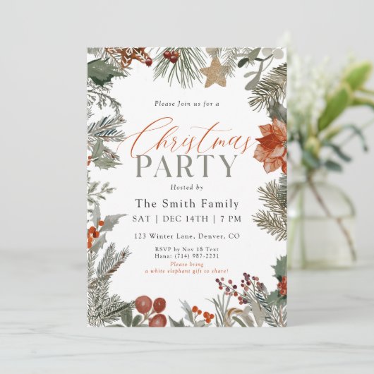 Botanical Holiday Watercolor Christmas Party Einladung (Stehend Vorderseite)