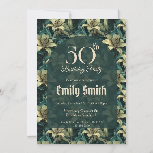 Botanical Inspired Lilies Luxury Birthday Event Einladung (Vorderseite)