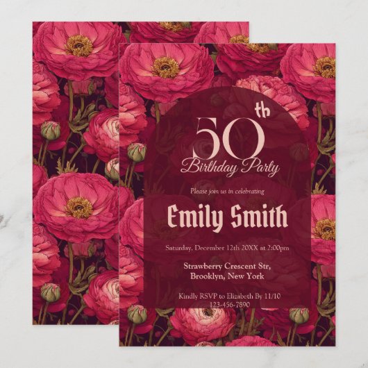 Botanical Inspired Ranunculus Sparkle Romantic  Einladung (Vorne/Hinten)