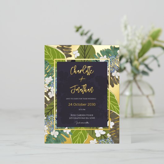 Botanical Leaf and Hydrangea Petals Save The Date Folie Einladungspostkarte (Stehend vorne)