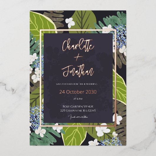 Botanical Leaf and Hydrangea Petals Save The Date Folieneinladung (Vorderseite)