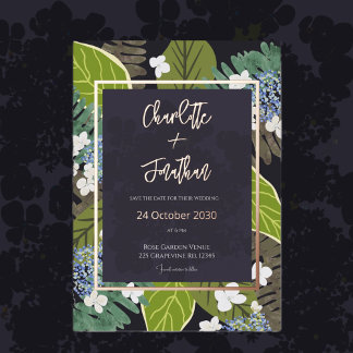 Botanical Leaf and Hydrangea Petals Save The Date Folieneinladung