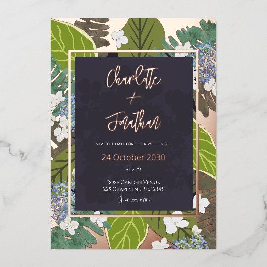 Botanical Leaf and Hydrangea Petals Save The Date Folieneinladung (Vorderseite)