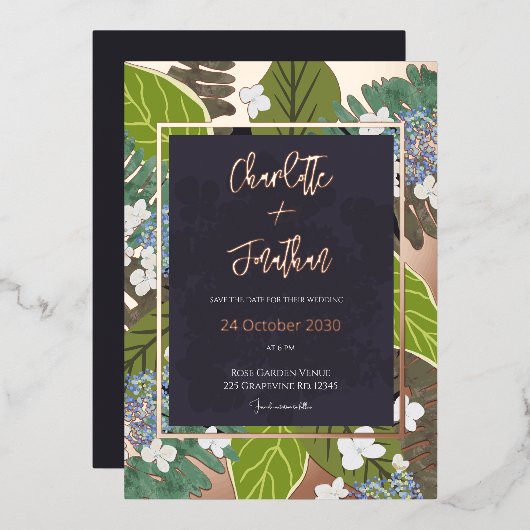 Botanical Leaf and Hydrangea Petals Save The Date Folieneinladung (Vorderseite/Rückseite)