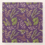 Botanical Leaves: A Stunning Purple Back Glasuntersetzer<br><div class="desc">Seamless pattern of various green and brown botanical leaves on a deep purple background. The design is intricate and vibrant,  conveying a lively tone.</div>
