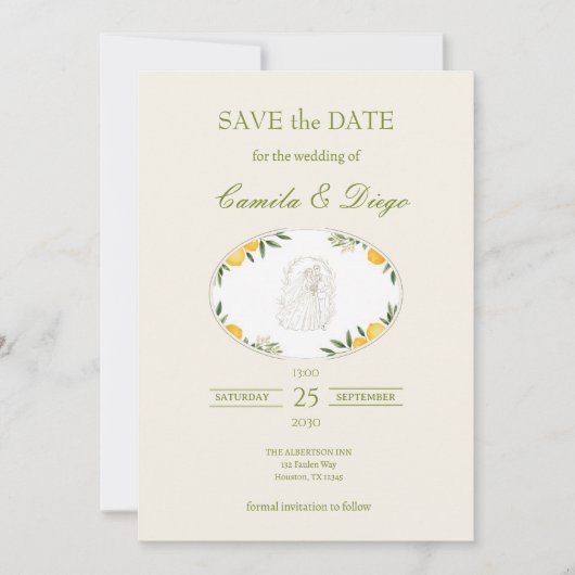 Botanical Lemon Olive Wedding Save the Date (Vorderseite)
