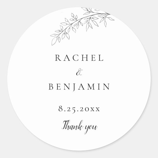 Botanical Minimalist Wedding Thank you Black White Runder Aufkleber (Vorderseite)