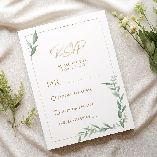 Botanical mint green gold greenery Wedding RSVP Einladung