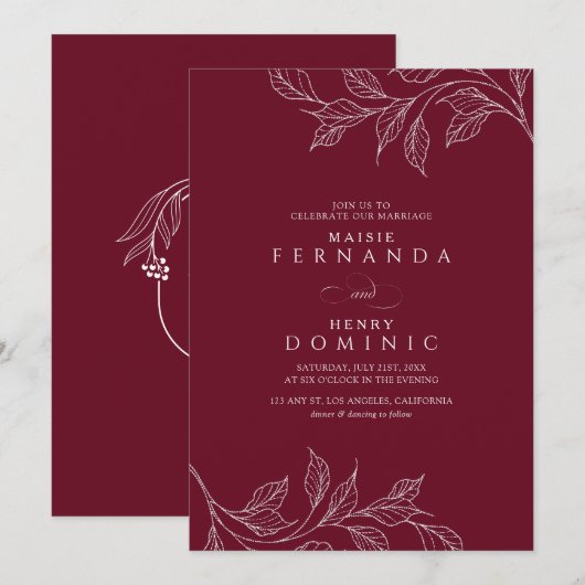 Botanical Monogram Burgundy Modern Wedding Einladung (Vorne/Hinten)