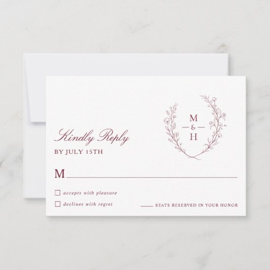Botanical Monogram Burgundy Script Wedding RSVP (Vorderseite)