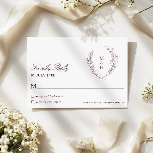 Botanical Monogram Burgundy Script Wedding RSVP Karte