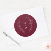 Botanical Monogram Burgundy Wedding Elegant Favor Runder Aufkleber (Umschlag)