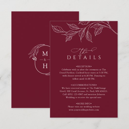 Botanical Monogram Wedding Details Burgundy Begleitkarte (Vorne/Hinten)