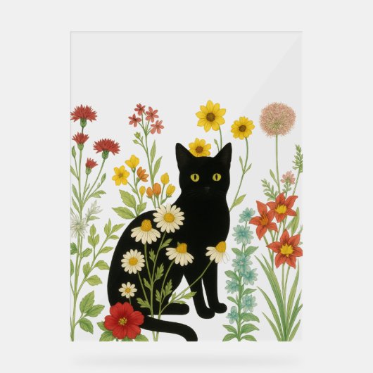 Botanical Nature – Black Cat in Wildflower Garden Acrylschild (Vorderseite)