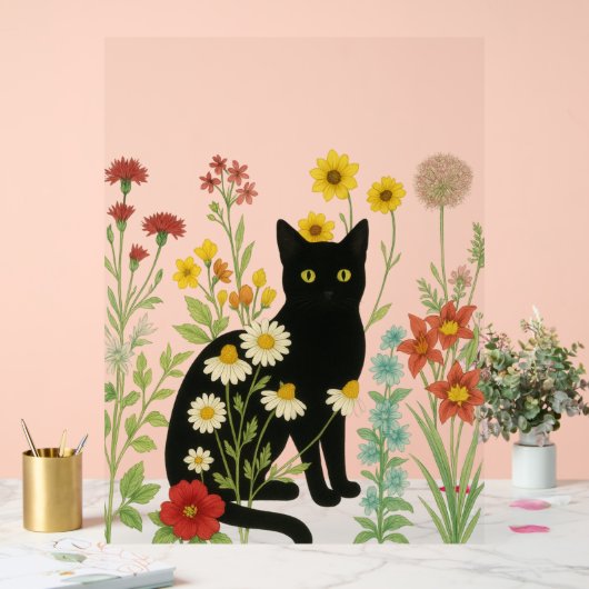 Botanical Nature – Black Cat in Wildflower Garden Acrylschild (Hochzeit)