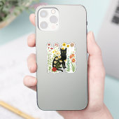  Botanical Nature – Black Cat in Wildflower Garden Aufkleber (Telefon)