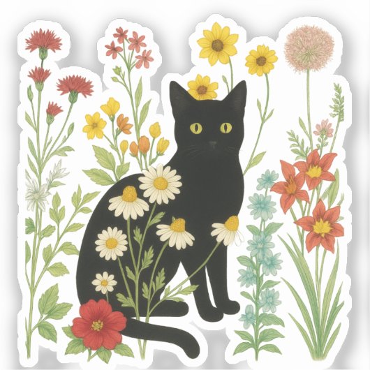  Botanical Nature – Black Cat in Wildflower Garden Aufkleber (Vorderseite)