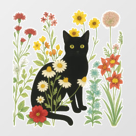 Botanical Nature – Black Cat in Wildflower Garden Fensteraufkleber