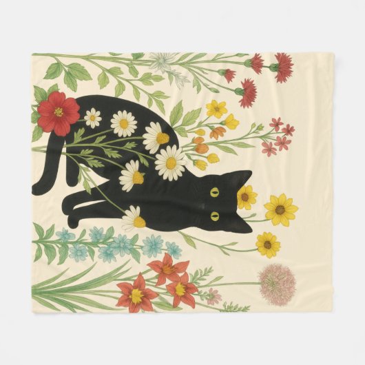 Botanical Nature – Black Cat in Wildflower Garden Fleecedecke (Vorderseite (Horizontal))