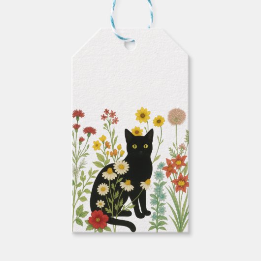 Botanical Nature – Black Cat in Wildflower Garden Geschenkanhänger (Vorderseite)