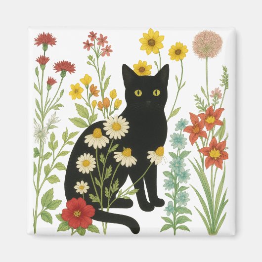  Botanical Nature – Black Cat in Wildflower Garden Magnet (Vorne)