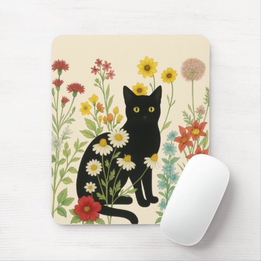 Botanical Nature – Black Cat in Wildflower Garden Mousepad (Mit Mouse)