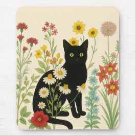 Botanical Nature – Black Cat in Wildflower Garden Mousepad