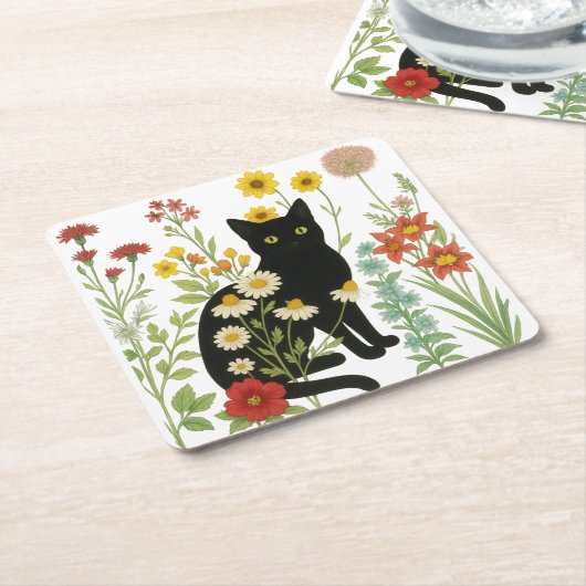 Botanical Nature – Black Cat in Wildflower Garden Rechteckiger Pappuntersetzer (angewinkelt)