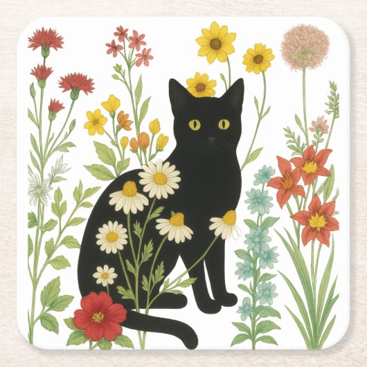 Botanical Nature – Black Cat in Wildflower Garden Rechteckiger Pappuntersetzer (Vorderseite)