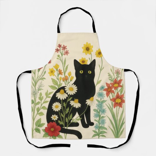 Botanical Nature – Black Cat in Wildflower Garden Schürze (Vorderseite)