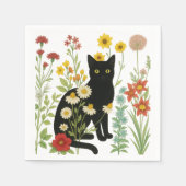  Botanical Nature – Black Cat in Wildflower Garden Serviette (Vorderseite)