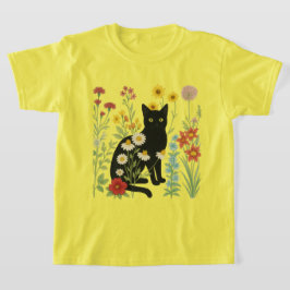 Botanical Nature – Black Cat in Wildflower Garden T-Shirt