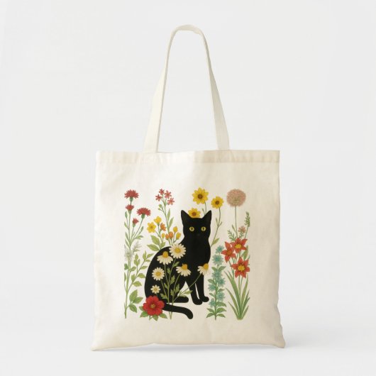 Botanical Nature – Black Cat in Wildflower Garden Tragetasche (Vorne)