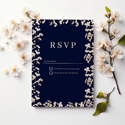 Botanical navy blue ivory gypsophila floral RSVP  Einladung