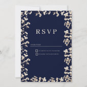 Botanical navy blue ivory gypsophila floral RSVP  Einladung (Vorderseite)
