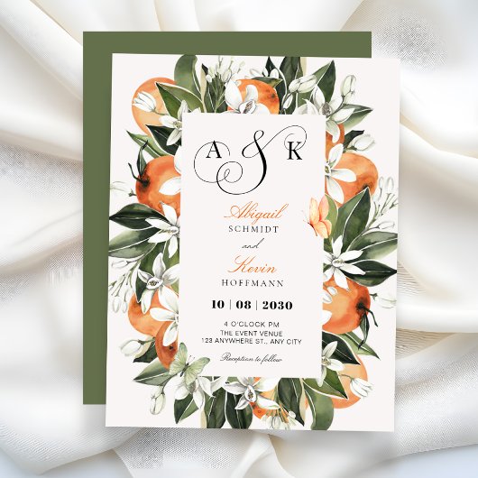 Botanical orange leaves watercolor wedding  einladung