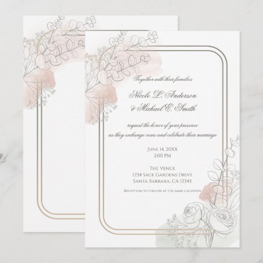 Botanical Outline Sage & Blush Floral Wedding  Einladung (Vorne/Hinten)