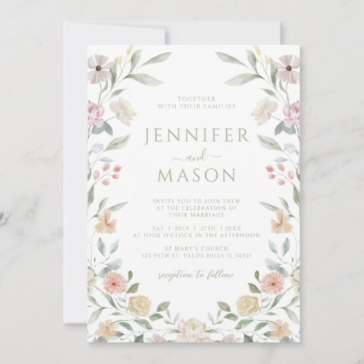 Botanical Pastel Flower Wreath Wedding Invitation Einladung (Vorderseite)