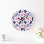 Botanical Pink And Blue Flowers Nature Print Große Wanduhr (Zuhause)
