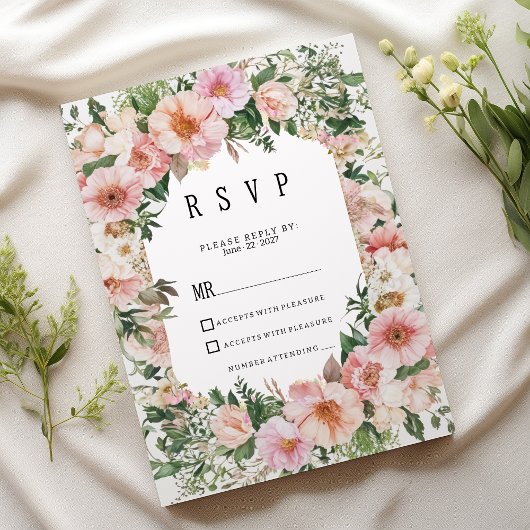 Botanical pink blossom summer floral RSVP  Einladung