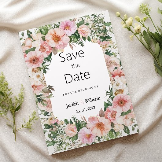 Botanical pink blossom summer floral Save the Date Einladung